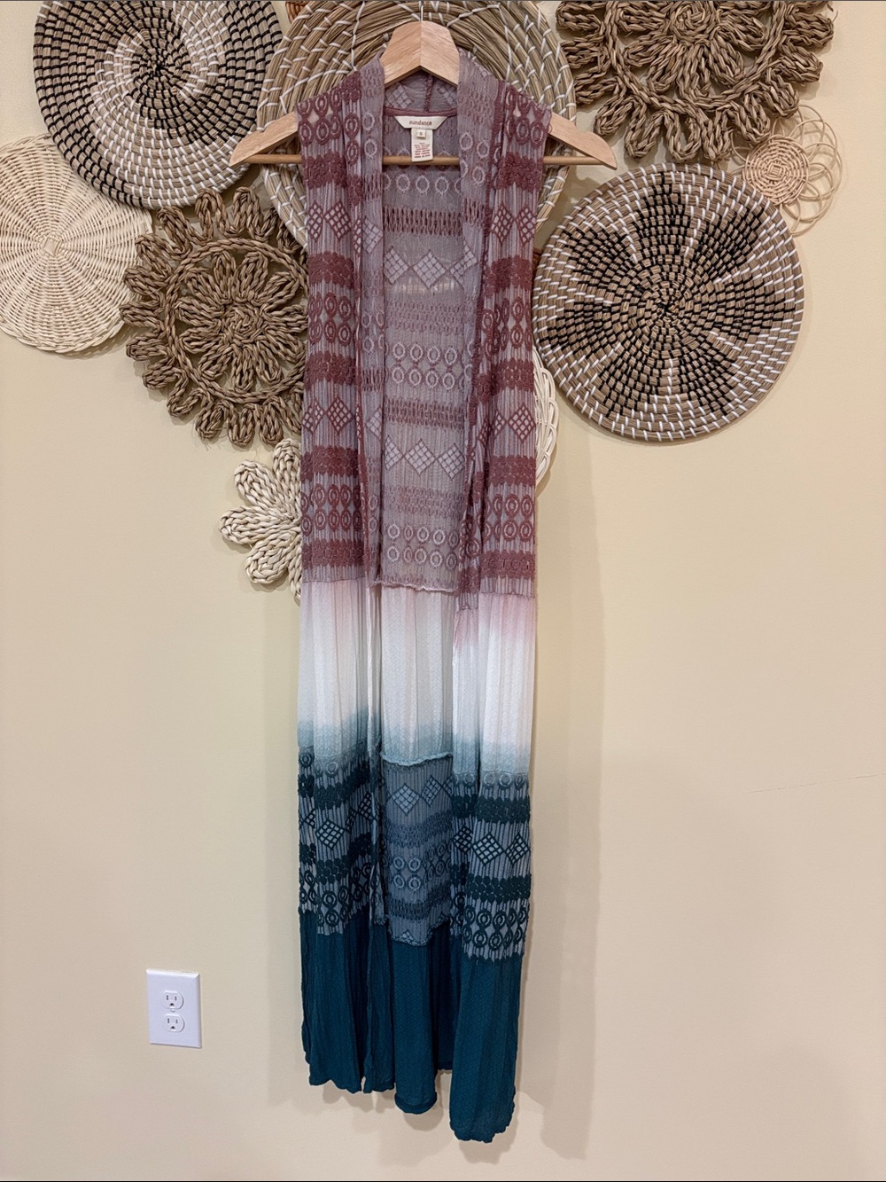 SUNDANCE Open Duster Cardigan Boho Sheer Geometric Ombre Multicolor Small